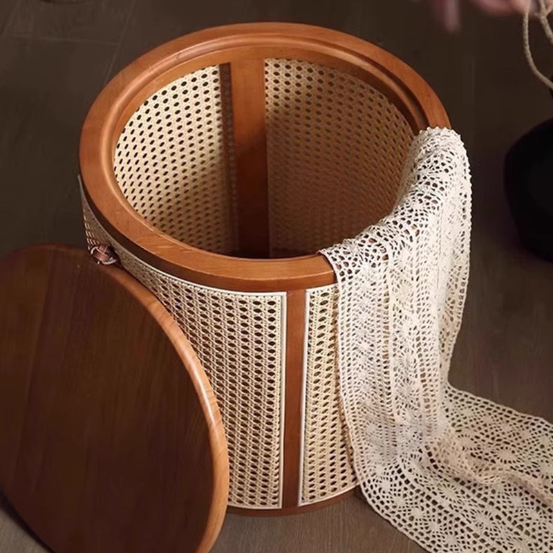 Japanese Cylinder Wood Rattan Side Table