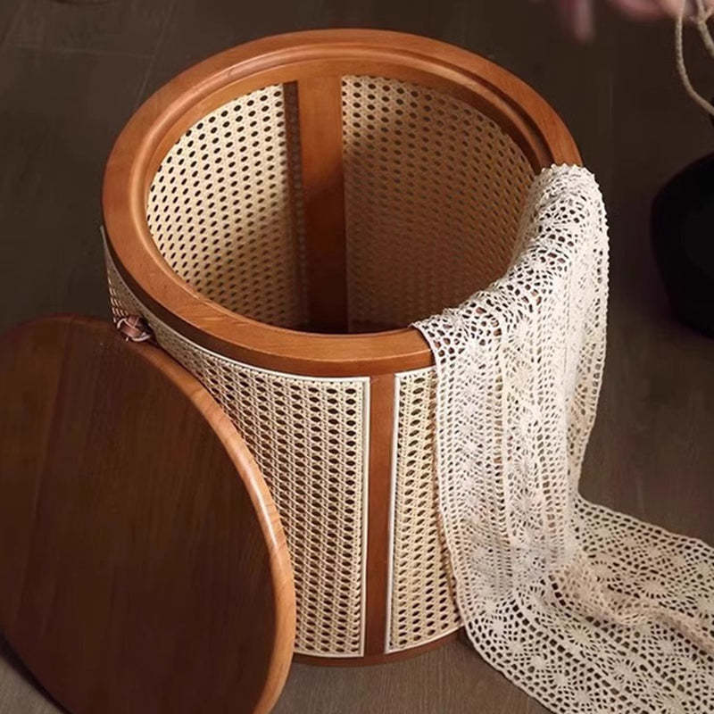 Japanese Cylinder Wood Rattan Side Table