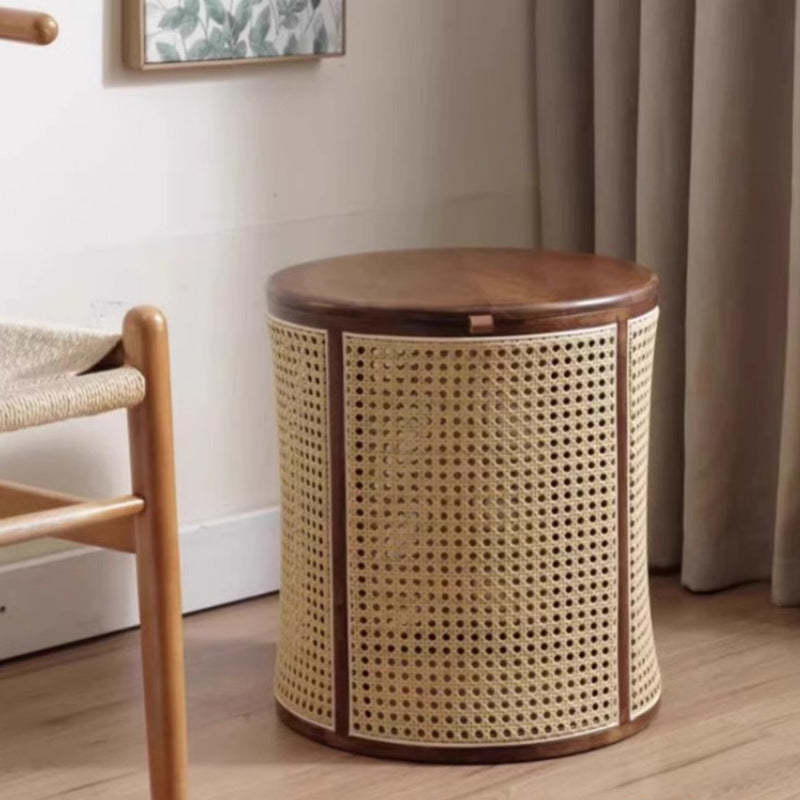 Japanese Cylinder Wood Rattan Side Table