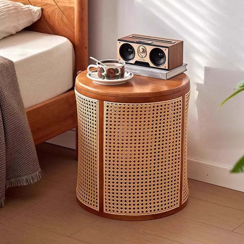 Japanese Cylinder Wood Rattan Side Table