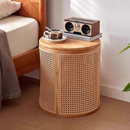 Japanese Cylinder Wood Rattan Side Table