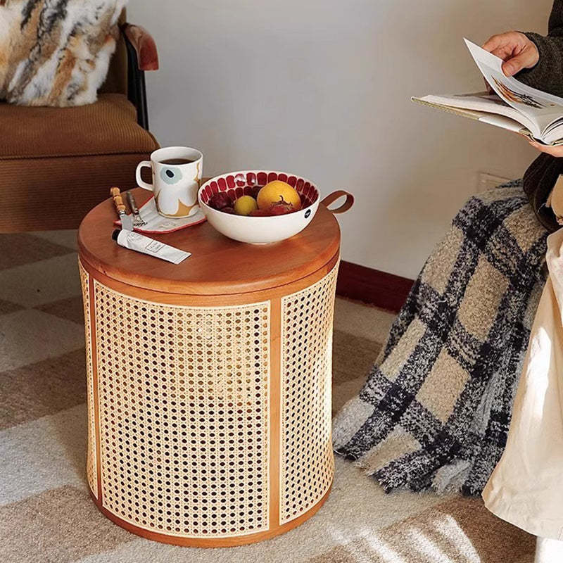Japanese Cylinder Wood Rattan Side Table — Cherry Wood Color
