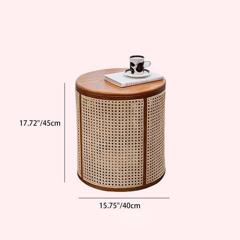 Japanese Cylinder Wood Rattan Side Table — Walnut Color