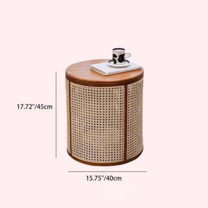 Japanese Cylinder Wood Rattan Side Table — Walnut Color