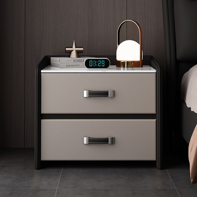 Minimalist Wood Leather Rock Slab 2-Drawer Nightstand — Black + Khaki