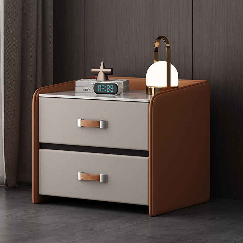 Minimalist Wood Leather Rock Slab 2-Drawer Nightstand