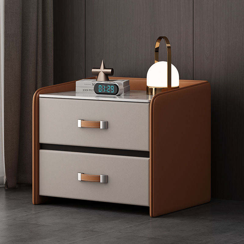 Minimalist Wood Leather Rock Slab 2-Drawer Nightstand