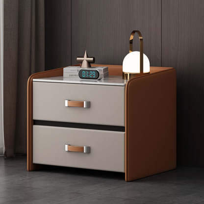 Minimalist Wood Leather Rock Slab 2-Drawer Nightstand
