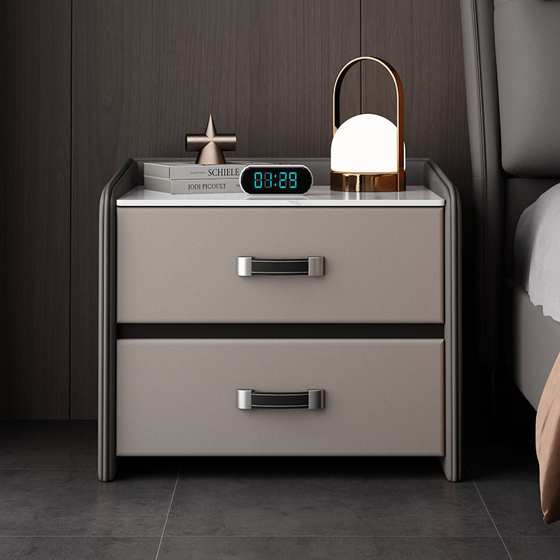 Minimalist Wood Leather Rock Slab 2-Drawer Nightstand