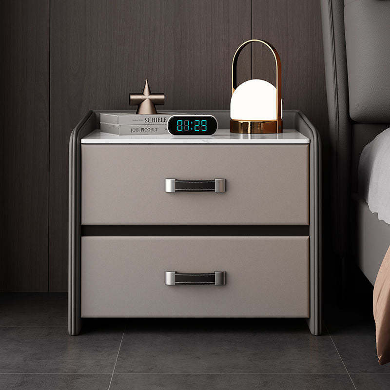 Minimalist Wood Leather Rock Slab 2-Drawer Nightstand