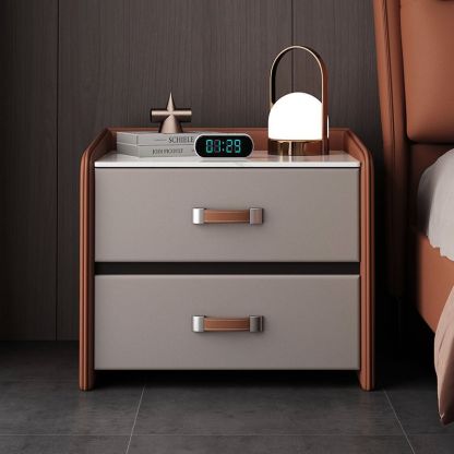 Minimalist Wood Leather Rock Slab 2-Drawer Nightstand — Gray + Khaki