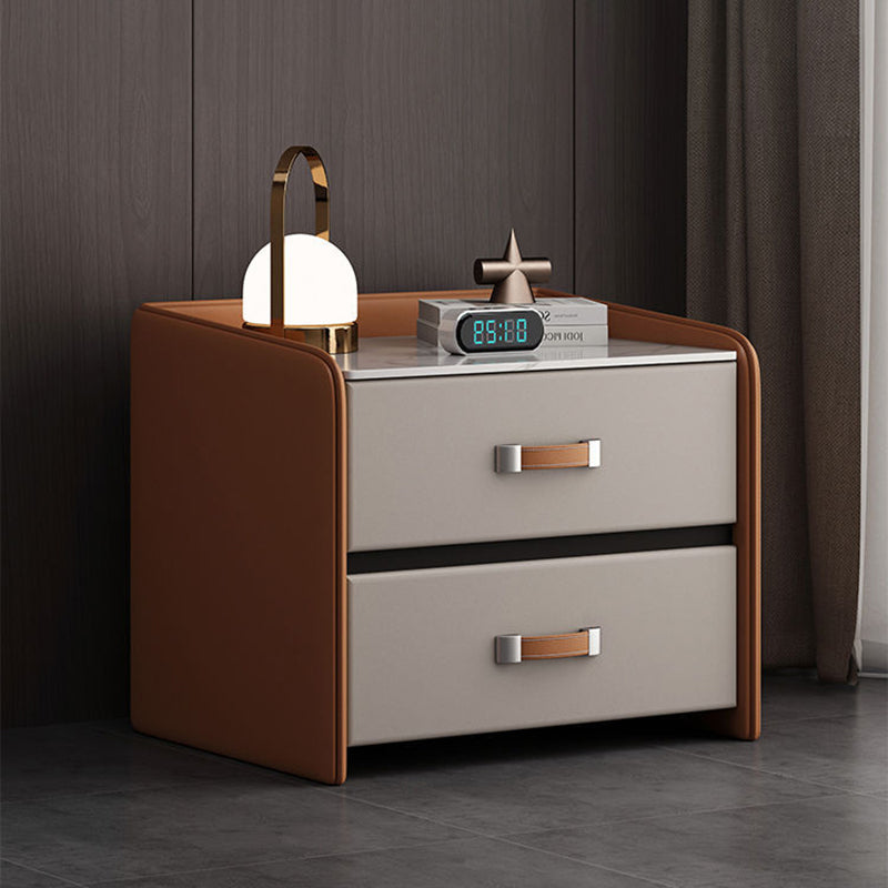 Minimalist Wood Leather Rock Slab 2-Drawer Nightstand