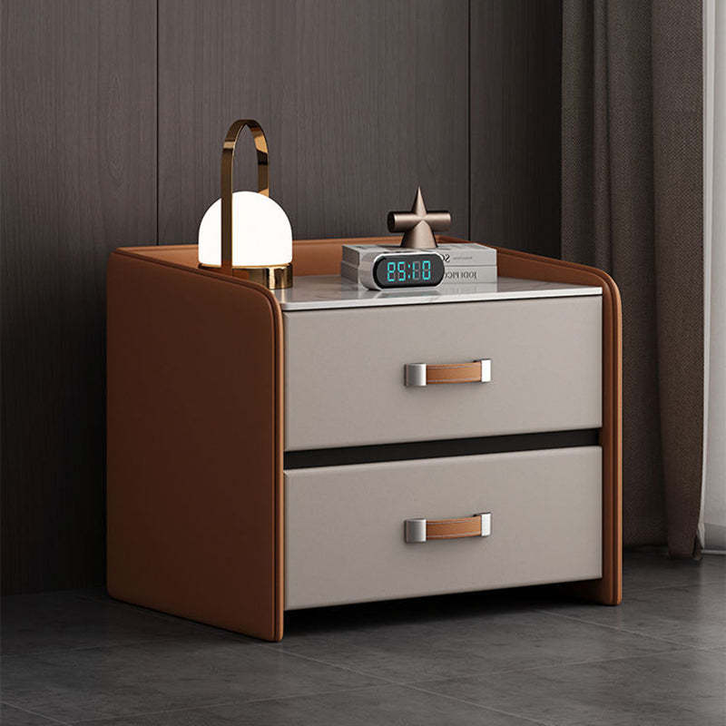 Minimalist Wood Leather Rock Slab 2-Drawer Nightstand