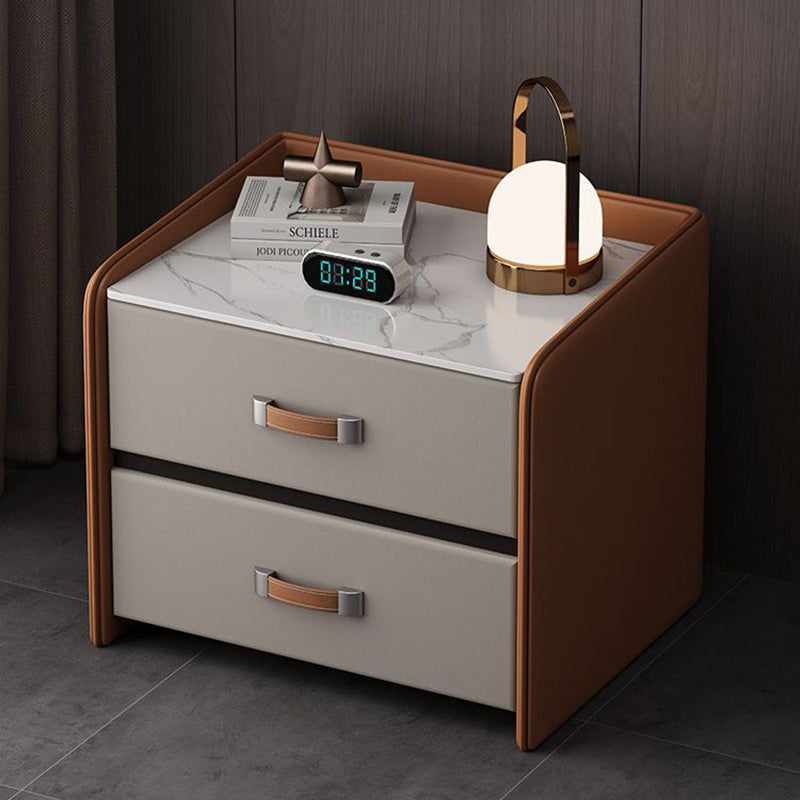 Minimalist Wood Leather Rock Slab 2-Drawer Nightstand