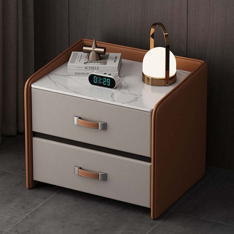 Minimalist Wood Leather Rock Slab 2-Drawer Nightstand