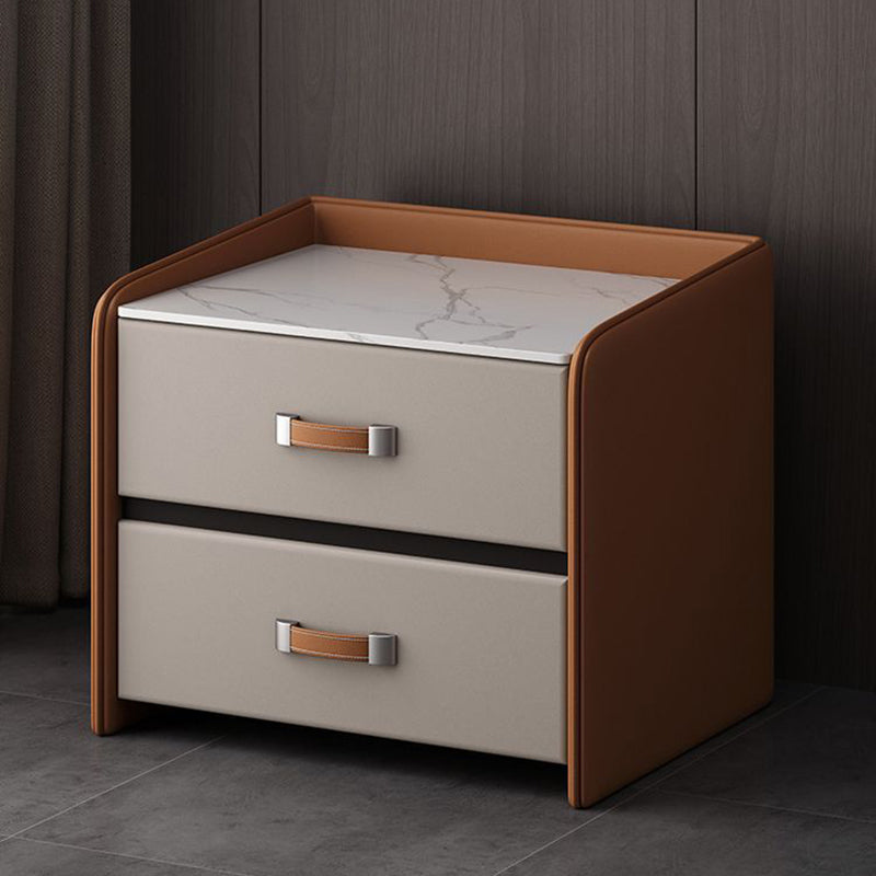 Minimalist Wood Leather Rock Slab 2-Drawer Nightstand