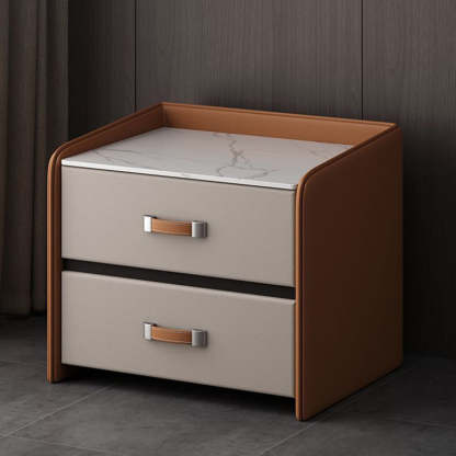 Minimalist Wood Leather Rock Slab 2-Drawer Nightstand
