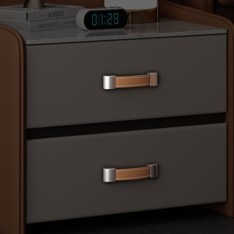 Minimalist Wood Leather Rock Slab 2-Drawer Nightstand