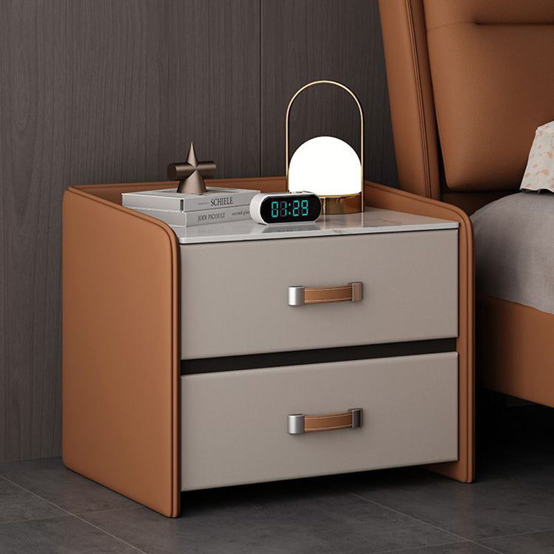 Minimalist Wood Leather Rock Slab 2-Drawer Nightstand — Brown + Khaki