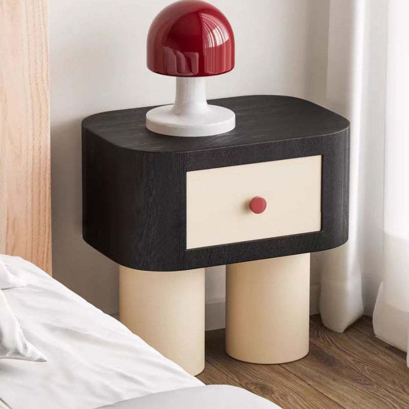 Contemporary Cylinder Artificial Panel Nightstand — Black + Beige