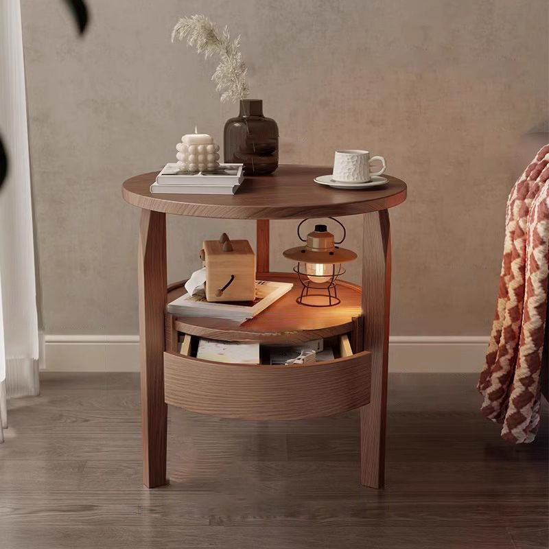 Vintage Round Wood Side Table with Drawer