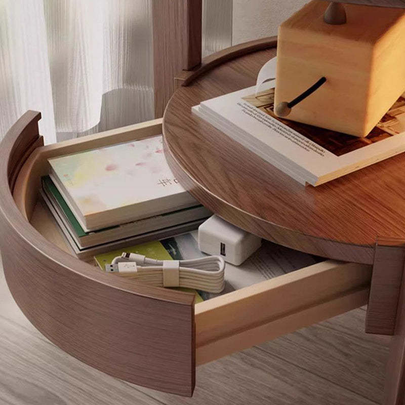 Vintage Round Wood Side Table with Drawer