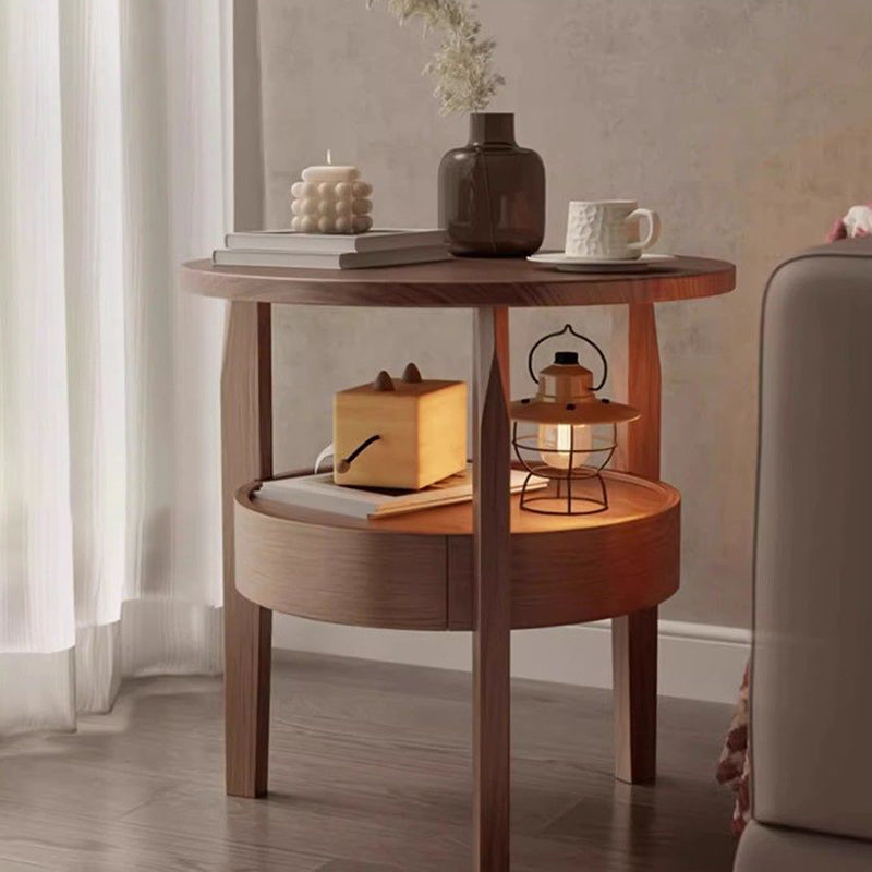 Vintage Round Wood Side Table with Drawer