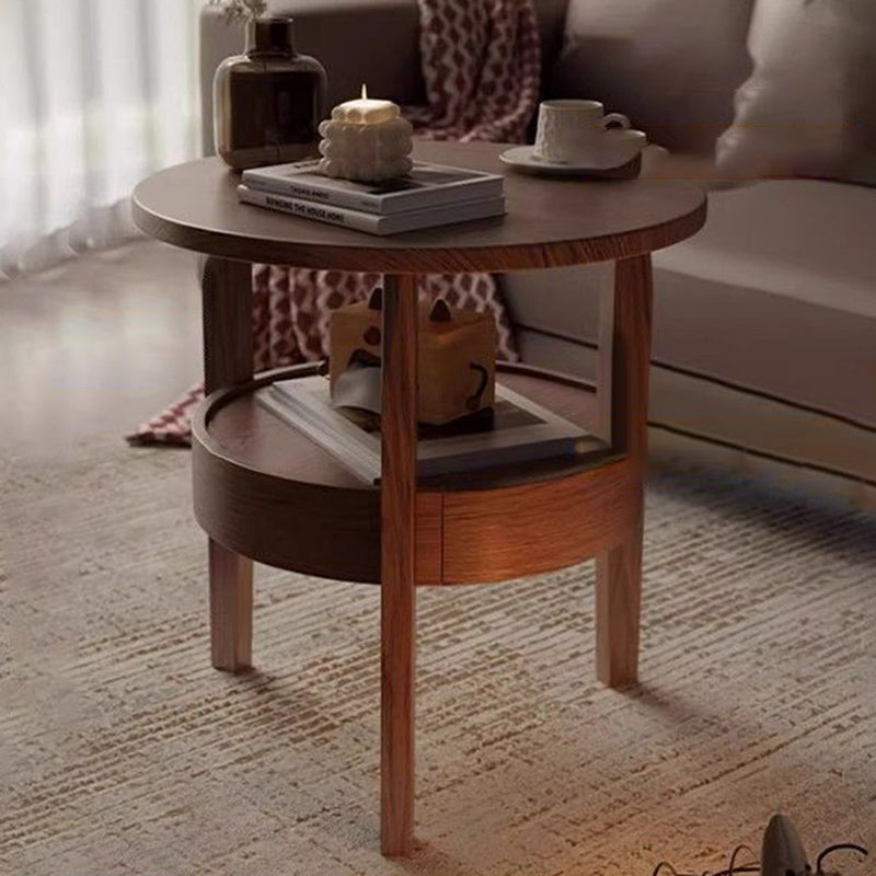 Vintage Round Wood Side Table with Drawer