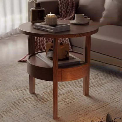 Vintage Round Wood Side Table with Drawer