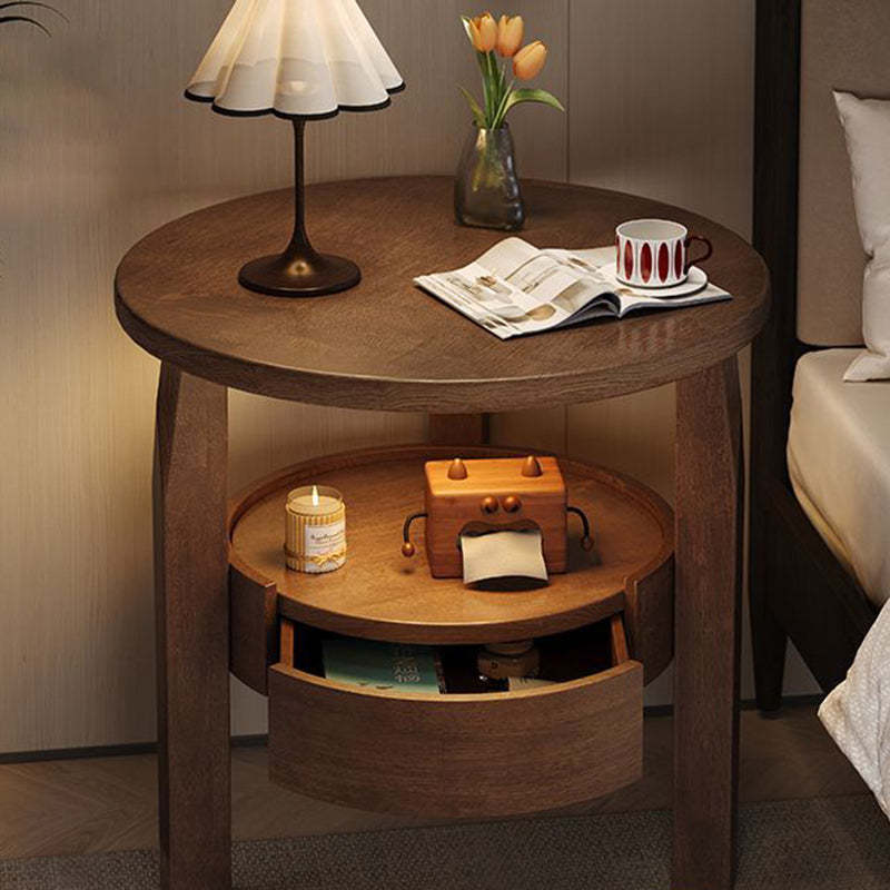 Vintage Round Wood Side Table with Drawer