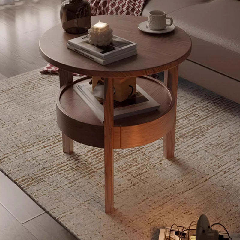 Vintage Round Wood Side Table with Drawer