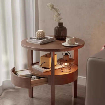 Vintage Round Wood Side Table with Drawer