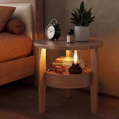 Vintage Round Wood Side Table with Drawer