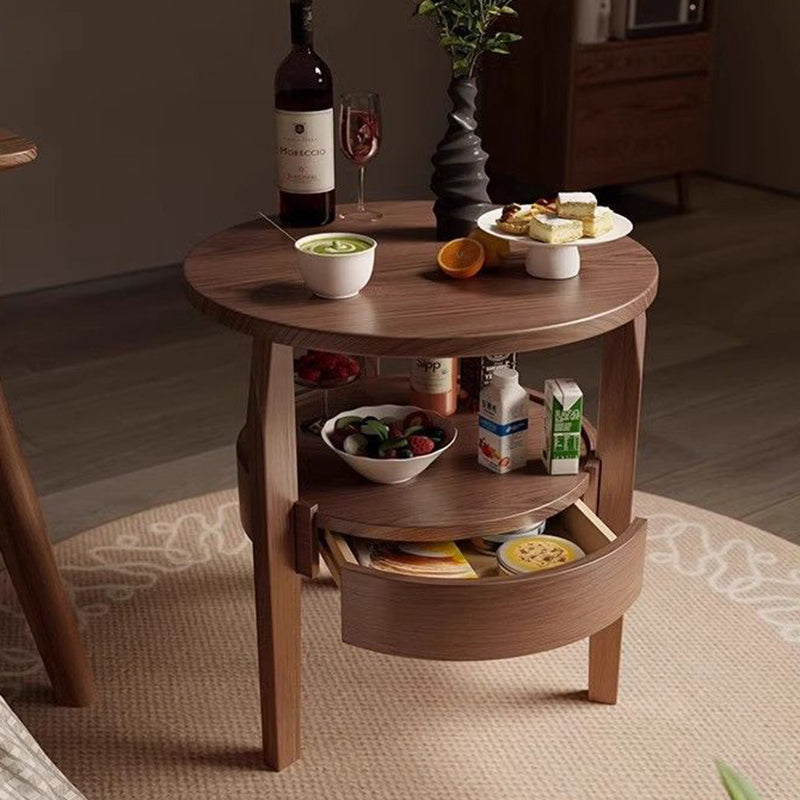 Vintage Round Wood Side Table with Drawer