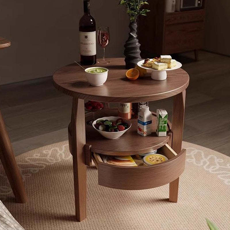Vintage Round Wood Side Table with Drawer