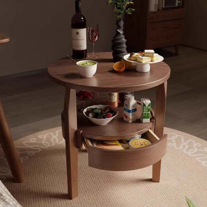 Vintage Round Wood Side Table with Drawer
