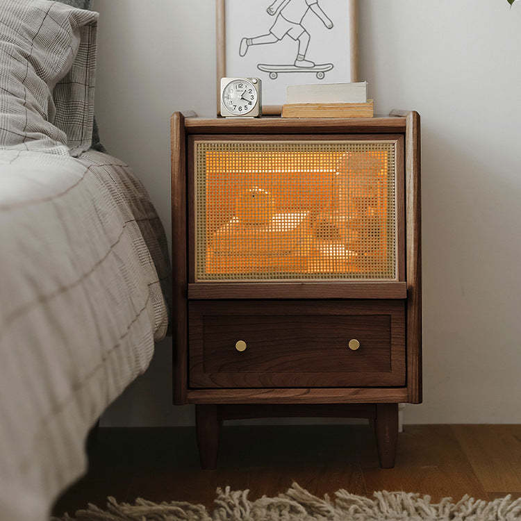 Japanese Rattan Wood 2-Drawer Nightstand — Walnut Color