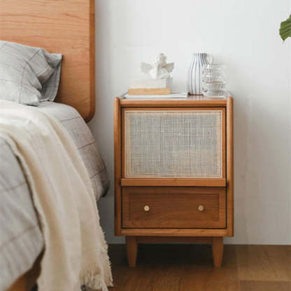 Japanese Rattan Wood 2-Drawer Nightstand — Cherry Wood Color