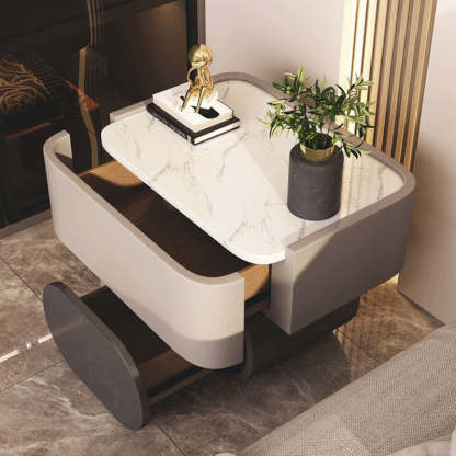 Nordic Wood Rock Slab Microfiber Leather 2-Drawer Nightstand — White + White