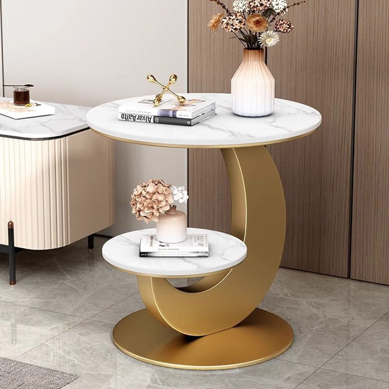 Modern Minimalist Round Curved Metal Rock Slab Side Table 2-Tier For Living Room