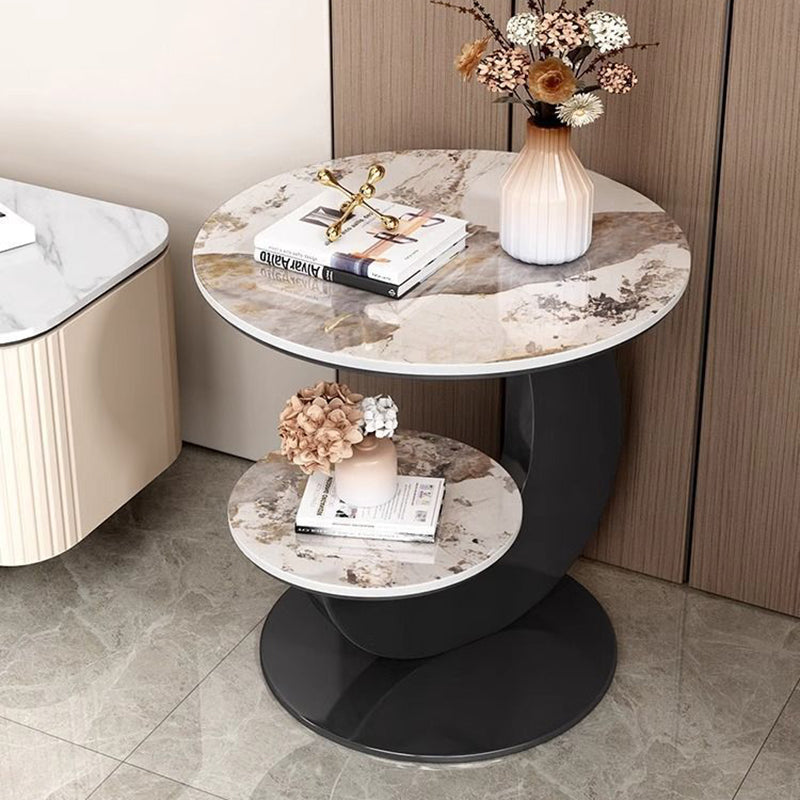 Modern Minimalist Round Curved Metal Rock Slab Side Table 2-Tier For Living Room