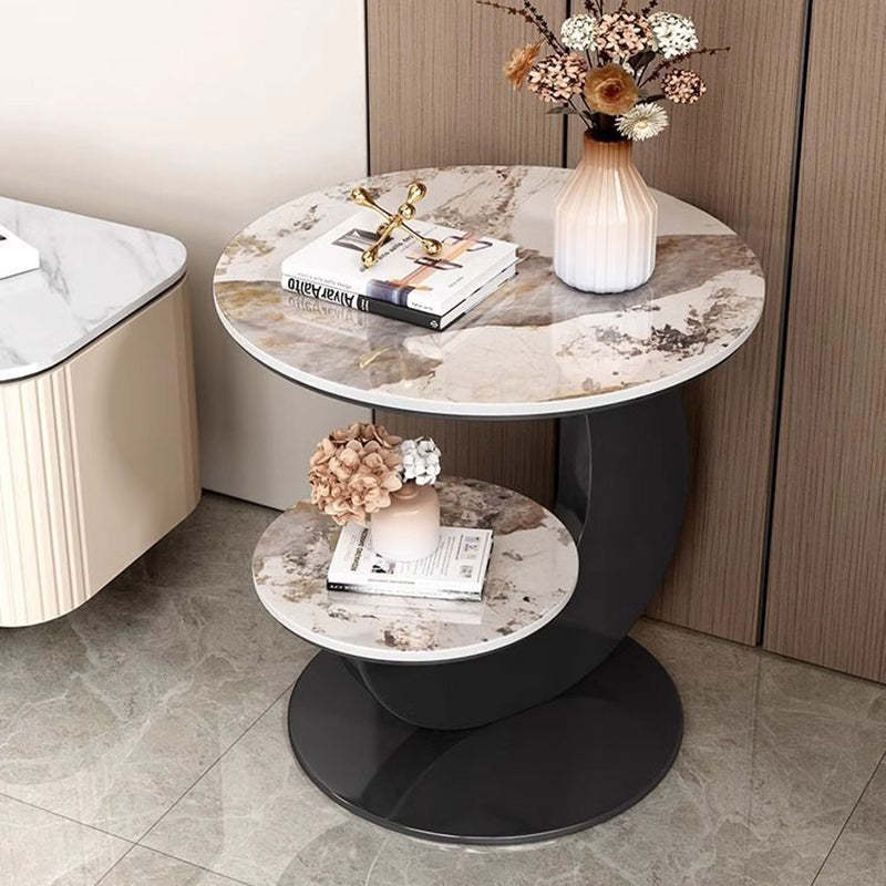 Modern Minimalist Round Curved Metal Rock Slab Side Table 2-Tier For Living Room