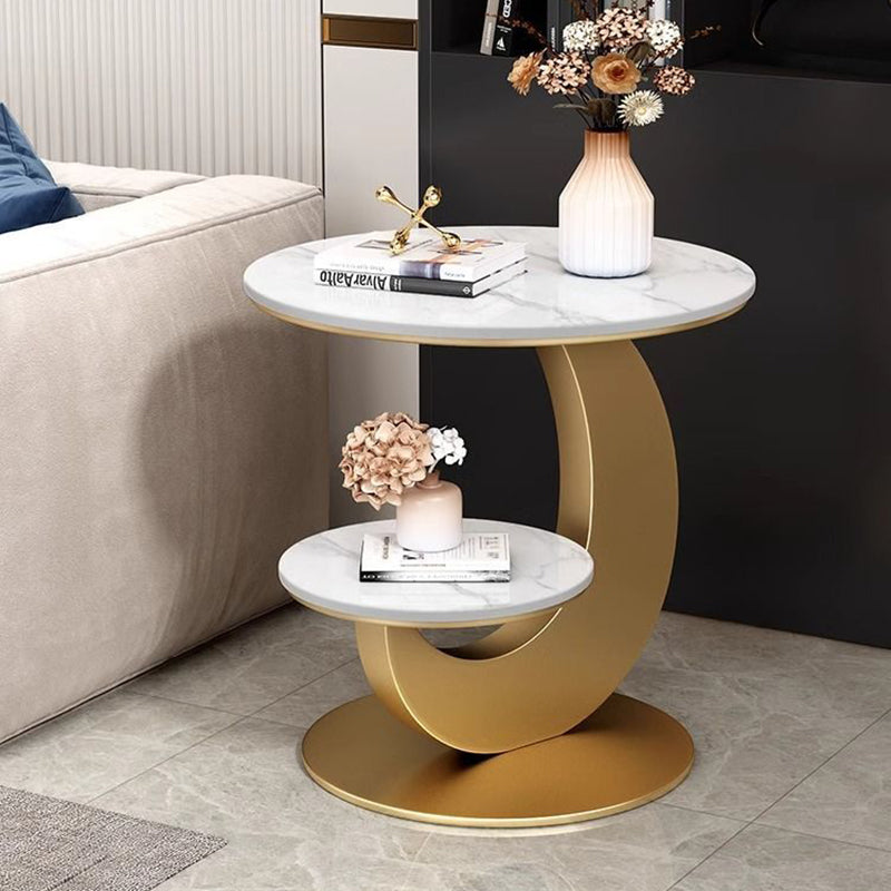 Modern Minimalist Round Curved Metal Rock Slab Side Table 2-Tier For Living Room