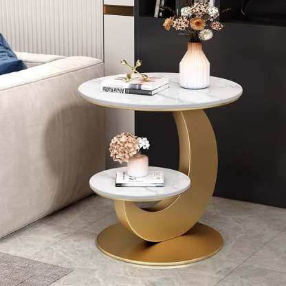 Modern Minimalist Round Curved Metal Rock Slab Side Table 2-Tier For Living Room