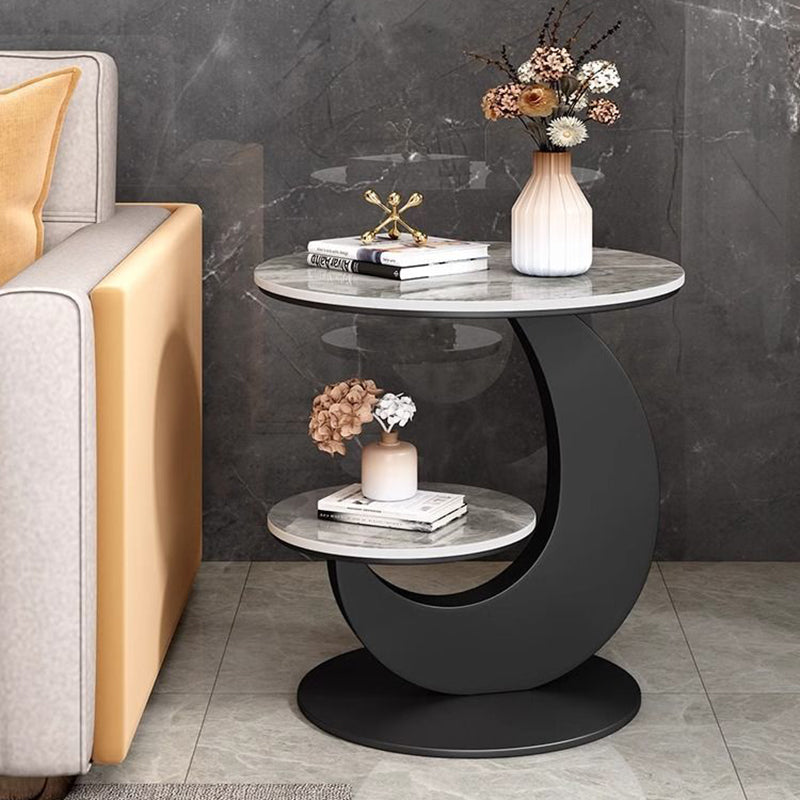 Modern Minimalist Round Curved Metal Rock Slab Side Table 2-Tier For Living Room