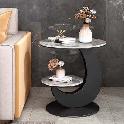 Modern Minimalist Round Curved Metal Rock Slab Side Table 2-Tier For Living Room