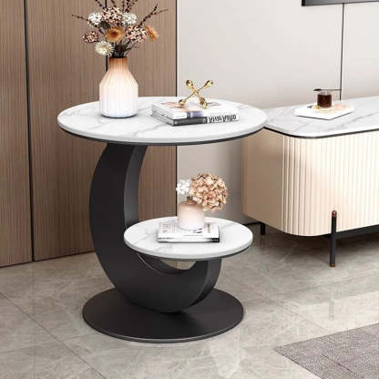 Modern Minimalist Round Curved Metal Rock Slab Side Table 2-Tier For Living Room