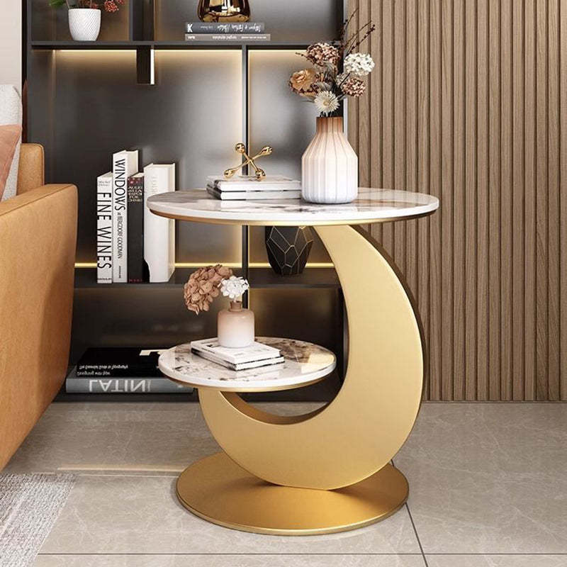 Modern Minimalist Round Curved Metal Rock Slab Side Table 2-Tier For Living Room