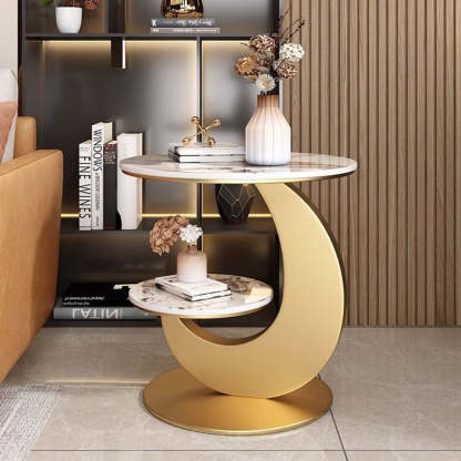 Modern Minimalist Round Curved Metal Rock Slab Side Table 2-Tier For Living Room