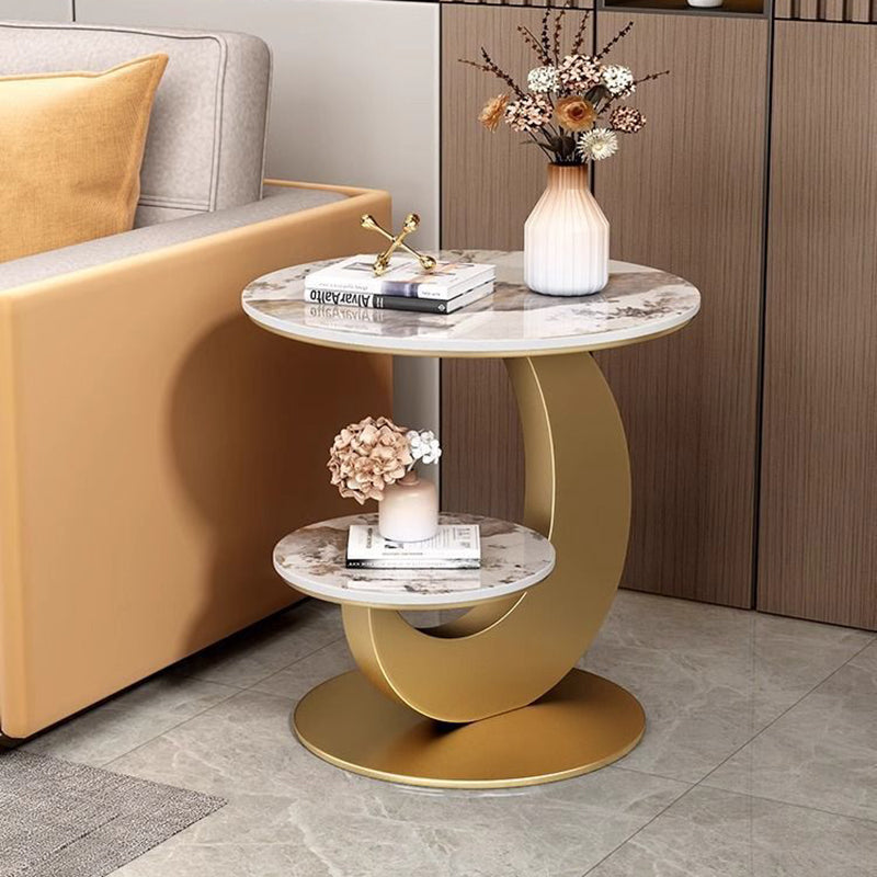 Modern Minimalist Round Curved Metal Rock Slab Side Table 2-Tier For Living Room